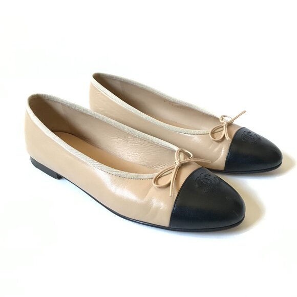 Chanel Cap Toe Ballet Flats Womens 42 11 Black Beige Nude Leather CC Logo Shoes - Picture 6 of 13